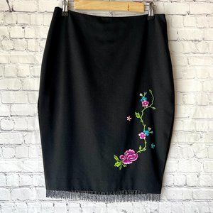 Vintage Y2K Guess Collection Floral Embroidered Black Wool Beaded Fringe Skirt